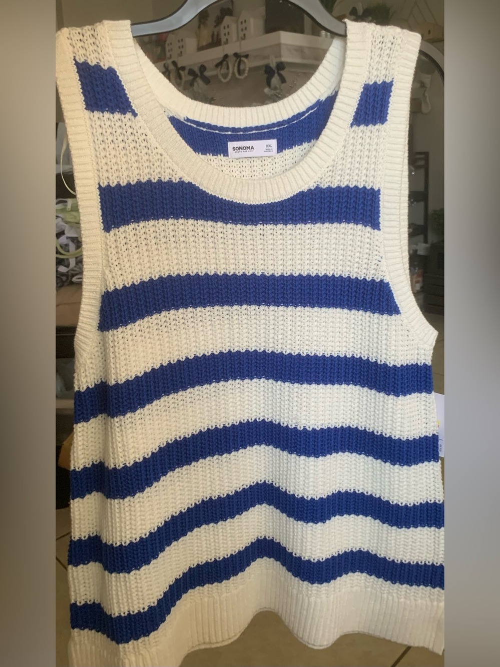 NWT Sonoma Blue and White Striped Knit Sleeveless Sweater Vest